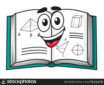 Happy smiling cartoon school textbook open to pages showing scientific diagrams, isolated on white. Happy smiling cartoon school text book
