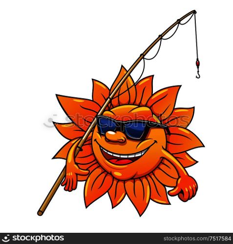 Happy smiling cartoon sun character in sunglasses going to fishing with bamboo fishing rod. Great for leisure activity symbol or summer season mascot design usage. Cartoon sun in sunglasses with fishing rod