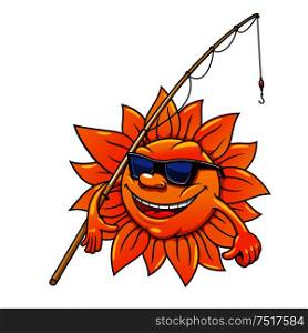 Happy smiling cartoon sun character in sunglasses going to fishing with bamboo fishing rod. Great for leisure activity symbol or summer season mascot design usage. Cartoon sun in sunglasses with fishing rod