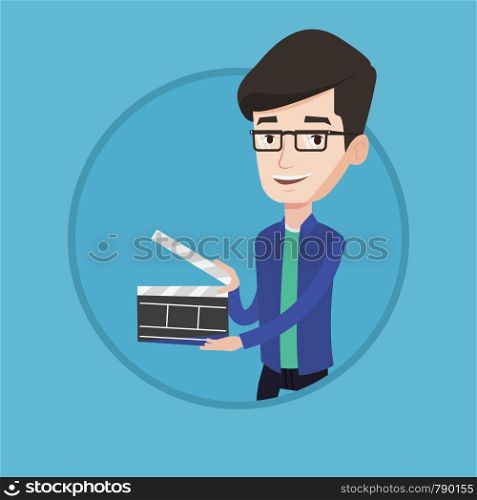 Happy smiling caucasian man holding an open clapperboard for the filming. Cheerful man holding blank movie clapperboard. Vector flat design illustration in the circle isolated on background.. Smiling man holding an open clapperboard.