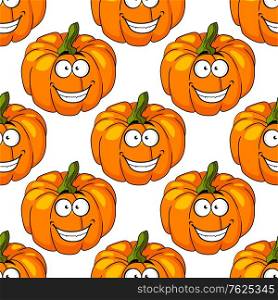 Happy smiling colorful fresh pumpkin with a cute grin and green stalk in a seamless background pattern for agriculture or halloween design. Happy smiling colorful fresh pumpkin