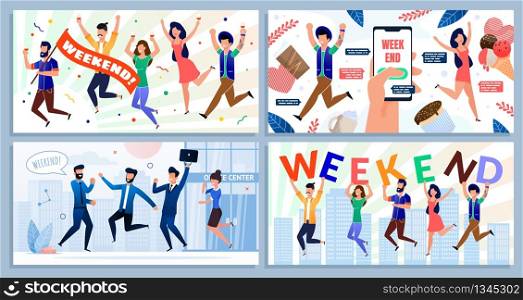 Happy Smiling Company Employee Team, Office Executive Managers, Men and Women Coworkers Satisfied with Weekend Cartoon Set. Vector Flat Illustration with Excited People Characters at Work Week End. Employee Team Satisfied with Weekend Cartoon Set