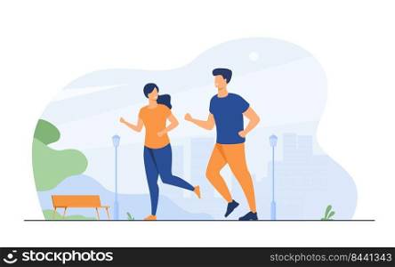 Happy smiling couple running at summer park flat vector illustration. Two cartoon runners jogging marathon together. Sport and healthy lifestyle concept