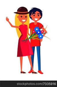 Happy smiling couple with bouquet of flowers vector illustration isolated on white. Lady in hat and smiling brunette boy in cartoon style. Happy Smiling Couple with Bouquet of Flowers