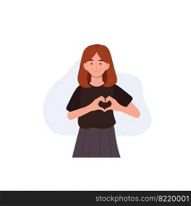 Happy Smiling diverse woman with hand gestures, heart symbol.  like and love with hands. Flat vector cartoon character illustration.