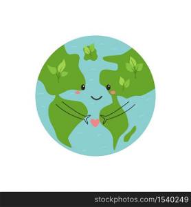 Happy smiling Earth Planet holding heart. Vector illustration, design. Happy smiling Earth Planet holding heart. Vector illustration