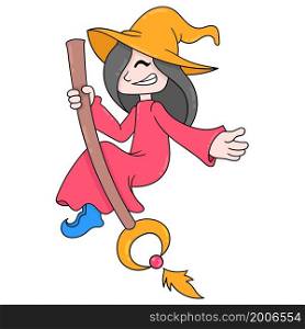 happy smiling face witch flying with magic wand