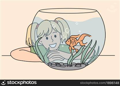 Happy smiling girl admiring golden cute fish in glass aquarium. Vector concept illustration of child happy moment with domestic pet.. Happy smiling girl admiring golden cute fish in glass aquarium.