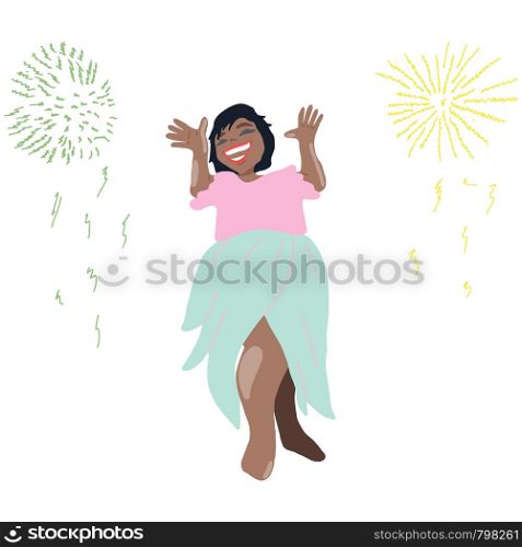 Happy smiling girl celebrating new year, firework explosions. Landing page, template, ui, web, mobile app, poster, banner, flyer. illustration. Happy smiling girl celebrating with firework explosions.