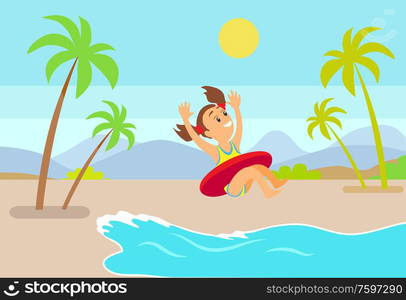 Happy smiling girl wearing swimsuit jumping in water with hands up. Summertime landscape, teenager in inflatable circle, mountains and palm trees, vector. Child in Inflatable Circle Jumping in Sea Vector