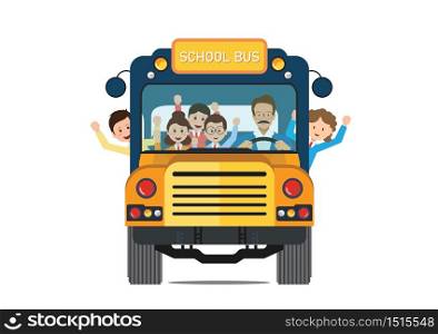 Happy smiling kids riding on a yellow school bus with a driver isolated on white background. vector illustration.