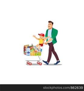 Happy Smiling Man and Boy Cartoon Vector Characters Walking with Supermarket Shopping Cart Full of Food Products Isolated on White Background. Father Making Purchases, Buying Groceries with Little Son