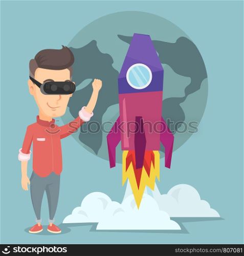 Happy smiling man in virtual reality headset flying in open space. Caucasian man wearing futuristic virtual reality glasses and playing video game. Vector flat design illustration. Square layout.. Man in vr headset flying in open space.