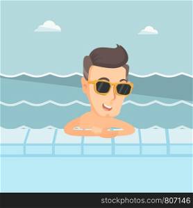 Happy smiling man relaxing in swimming pool at resort. Caucasian man bathing in swimming pool. Cheerful man swimming and relaxing in swimming pool. Vector flat design illustration. Square layout. Smiling young man in swimming pool.