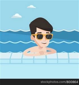 Happy smiling man relaxing in swimming pool at resort. Young man bathing in swimming pool. Cheerful guy swimming and relaxing in pool on summer vacation. Vector flat design illustration. Square layout. Smiling young man in swimming pool.
