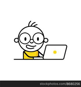 Happy smiling man working with his laptop. Freelancer or office worker. Freelance or studying concept. Vector stock illustration