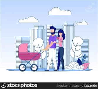 Happy Smiling Married Couple Walking in City Park Together. Father, Mother and Baby in Stroller on Cityscape with Skyscraper. Family Recreation. Love and Care. Vector Cartoon Flat Illustration. Happy Married Couple and Baby Walking in City Park