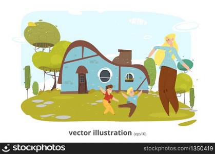 Happy Smiling Mother Rest with Children in Yard Cartoon. Cozy Vintage Retro Brick Farm House. Craft Family. Female Parent and Two Sons Playing. Trendy Flat Design. Vector Illustration EPS10. Happy Mother Rest with Children in Yard Cartoon