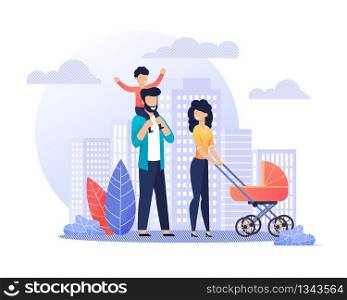 Happy Smiling Parents on Walk Flat Illustration. Young Married Couple with Children Strolling. Mother Carrying Baby Pram, Father Riding Son on Shoulders. Vector Cartoon Cityscape Street. Happy Smiling Parents on Walk Flat Illustration