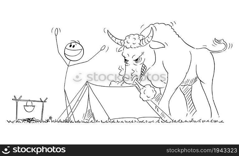 Happy smiling person enjoying beautiful morning in nature in front of tent with angry bull watching him, vector cartoon stick figure or character illustration.. Happy Person Enjoying Morning Near Tent , Angry Bull in Behind Him , Vector Cartoon Stick Figure Illustration