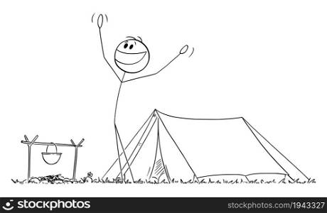 Happy smiling person enjoying beautiful morning in nature in front of tent, vector cartoon stick figure or character illustration.. Happy Person Enjoying Morning Near Tent in Nature , Vector Cartoon Stick Figure Illustration