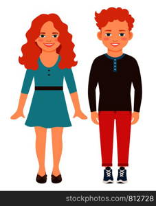 Happy smiling red haired children vector illustration. Innocent sly redhead girl and boy isolated on white background. Happy smiling red haired children