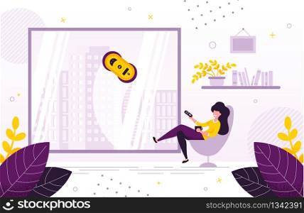 Happy Smiling, Satisfied Woman Sitting in Armchair at Home, Using Remote Control to Directing Window Washing Robot Flat Vector Illustration. Household, House Cleaning Technologies Innovation Concept