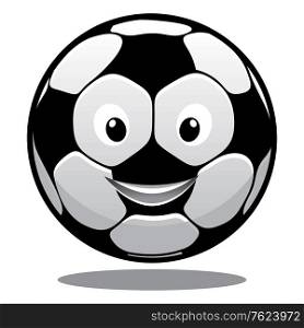 Happy smiling soccer ball with a hexagonal black and white pattern and a bouncing shadow, cartoon illustration. Happy smiling soccer ball