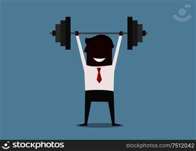 Happy smiling strong african american businessman lifting a heavy barbell for success concept design, cartoon flat style. Strong businessman lifting heavy barbell