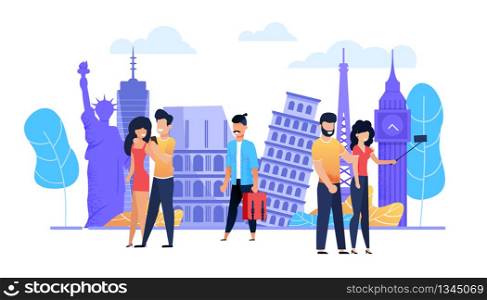 Happy Smiling Tourists Visiting Various Landmarks. Two Cartoon Couple in Love Taking Selfie, Man with Suitcase Walking. People Travel, Look and Photograph Sights in Europe. Vector Illustration. Happy Smiling Tourists Visit Different Landmarks