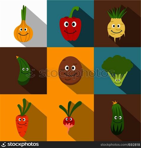 Happy smiling vegetables icons set. Flat set of 9 happy smiling vegetables vector icons for web with long shadow. Happy smiling vegetables icons set, flat style