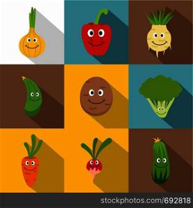 Happy smiling vegetables icons set. Flat set of 9 happy smiling vegetables vector icons for web with long shadow. Happy smiling vegetables icons set, flat style