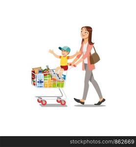 Happy Smiling Woman and Boy Cartoon Vector Characters Walking with Supermarket Shopping Cart Full of Food Products Isolated on White Background. Mother Shopping, Buying Groceries with Her Little Son