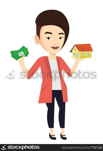 Happy smiling woman having loan for house. Young caucasian woman got loan for buying of a new house. Concept of real estate loan. Vector flat design illustration isolated on white background.. Woman buying house thanks to loan.
