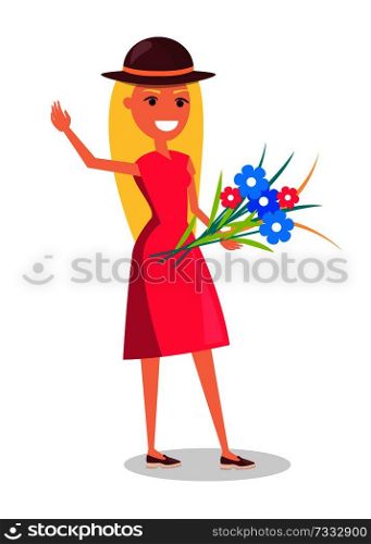 Happy smiling woman in hat with bouquet of flowers waving hand vector illustration isolated on white background, cartoon female in pink dress. Happy Smiling Woman in Hat with Bouquet of Flowers