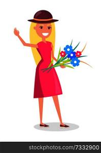 Happy smiling woman in hat with bouquet of flowers waving hand vector illustration isolated on white background, cartoon female in pink dress. Happy Smiling Woman in Hat with Bouquet of Flowers