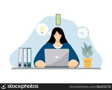 Happy smiling woman using computer at her workplace. Vector flat business illustration small head big body style. Office manager exited with the job routine