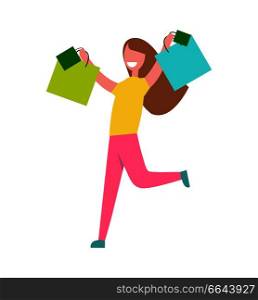 Happy smiling woman with yellow sweater returning from shopping holding bags bought from shops vector illustration isolated on white background. Woman Rerning from Shopping Vector Illustration