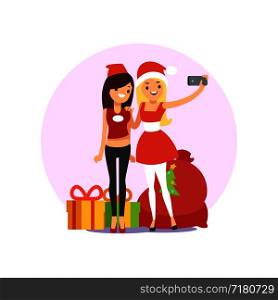 Happy smiling young women friends taking selfie photo on Christmas party vector illustration isolated on white. Happy smiling young women friends taking selfie photo on Christmas party
