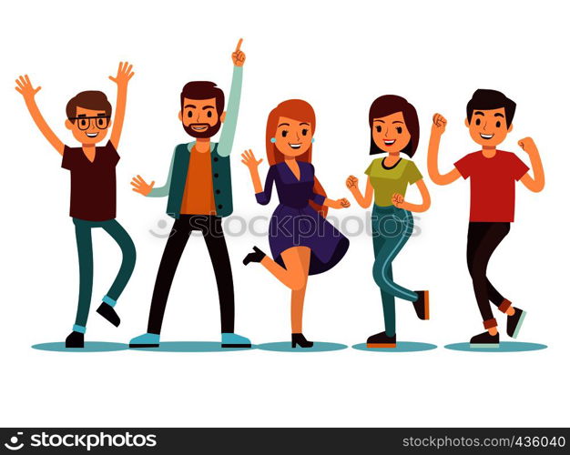 Happy smilling dancing young persons at christmas party. Cartoon vector people set. Young group people in dance party illustration. Happy smilling dancing young persons at christmas party. Cartoon vector people set