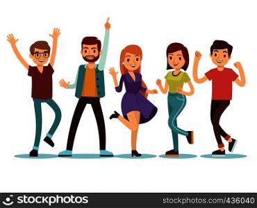 Happy smilling dancing young persons at christmas party. Cartoon vector people set. Young group people in dance party illustration. Happy smilling dancing young persons at christmas party. Cartoon vector people set