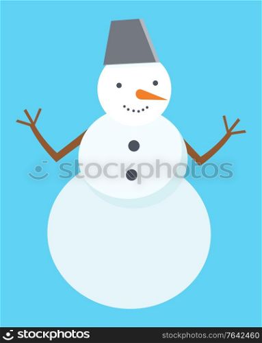 Happy snowman alone on blue. Alive unreal character from three snowballs and dressed in bucket. Nose on face made from thin carrot. Holiday outside decoration for christmas. Vector in flat style. Snowman made from Snowballs, Winter Holiday Decor
