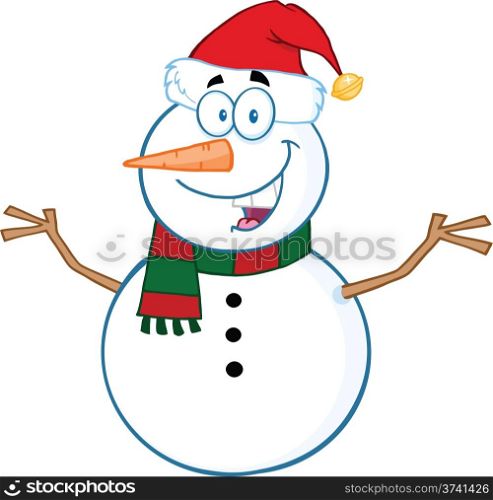 Happy Snowman Cartoon Mascot Character With Open Arms Illustration Isolated on white
