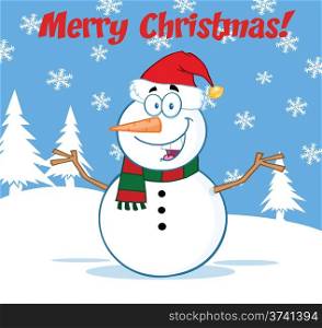 Happy Snowman Cartoon Mascot Character With Open Arms Under Merry Christmas Text