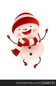 Happy snowman in cap and scarf jumping vector illustration. Christmas, New year, party. Holiday concept. Vector illustration can be used for topics like winter, childhood, animation. Happy snowman in cap and scarf jumping vector illustration