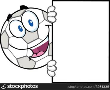 Happy Soccer Ball Cartoon Character Looking Around A Blank Sign
