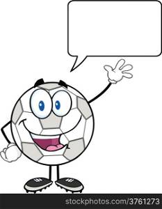Happy Soccer Ball Cartoon Character Waving For Greeting With Speech Bubble