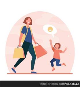 Happy son meeting mom from trip. Woman with backpack, shopping bags returning home flat vector illustration. Family, parenthood concept for banner, website design or landing web page