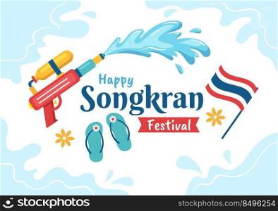 Happy Songkran Festival Day Hand Drawn Cartoon Illustration Playing Water Gun in Thailand Celebration in Flat Style Background Design