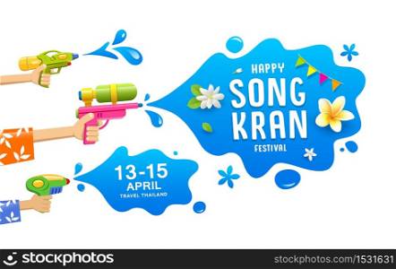 Happy Songkran festival thailand gun in hand water splash collection banners background, vector illustration